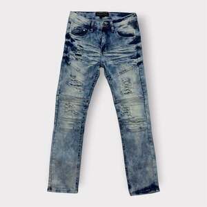 Encrypted Young Men’s Skinny Jeans Blue Acid Wash Distressed Denim Size 14